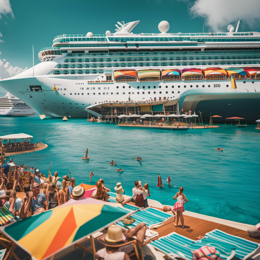 An image that showcases a massive cruise ship gliding through turquoise waters, overflowing with a multitude of colorful deck chairs, bustling with sun-kissed passengers enjoying various activities and entertainment options