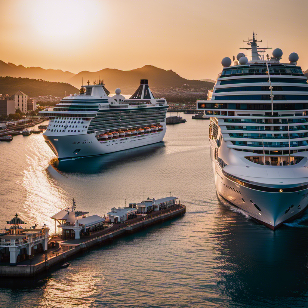 An image displaying a majestic fleet of Princess Cruise ships, lined up in a picturesque harbor