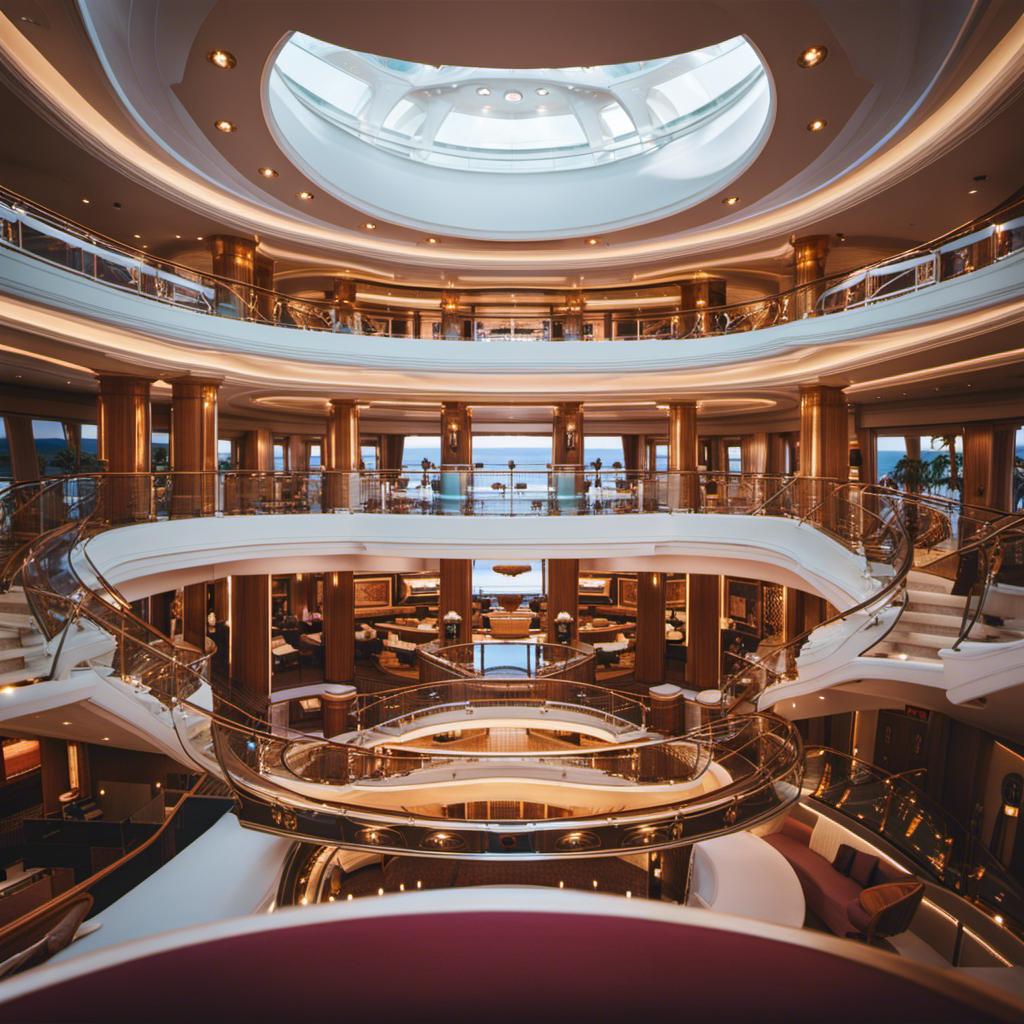 An image capturing the vast expanse of a luxurious cruise ship, showcasing its multiple decks adorned with countless elegant balconies, porthole windows, and sliding glass doors, hinting at the countless rooms within