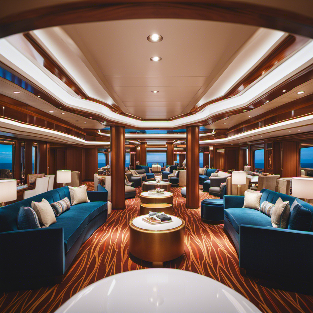 An image capturing the vast expanse of a luxurious cruise ship's interior, showcasing its labyrinthine network of elegantly designed cabins, suites, and staterooms, each adorned with panoramic windows and plush furnishings