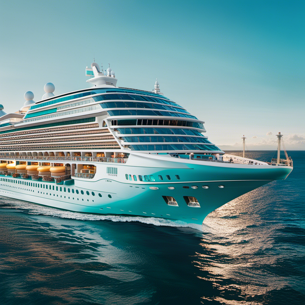 An image of a luxurious cruise ship floating majestically on pristine turquoise waters, adorned with shimmering glass windows, towering decks, and adorned with vibrant, colorful banners, showcasing the opulence and grandeur that comes with the price tag