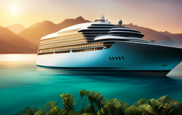 An image featuring a majestic cruise ship floating on crystal-clear turquoise waters, surrounded by lush green islands