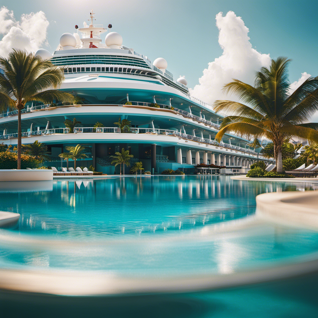 An image showcasing a luxurious cruise ship towering above the crystal-clear turquoise waters of the Caribbean, adorned with gleaming balconies, a sprawling pool deck, and elegant dining areas, capturing the essence of opulence and wonder