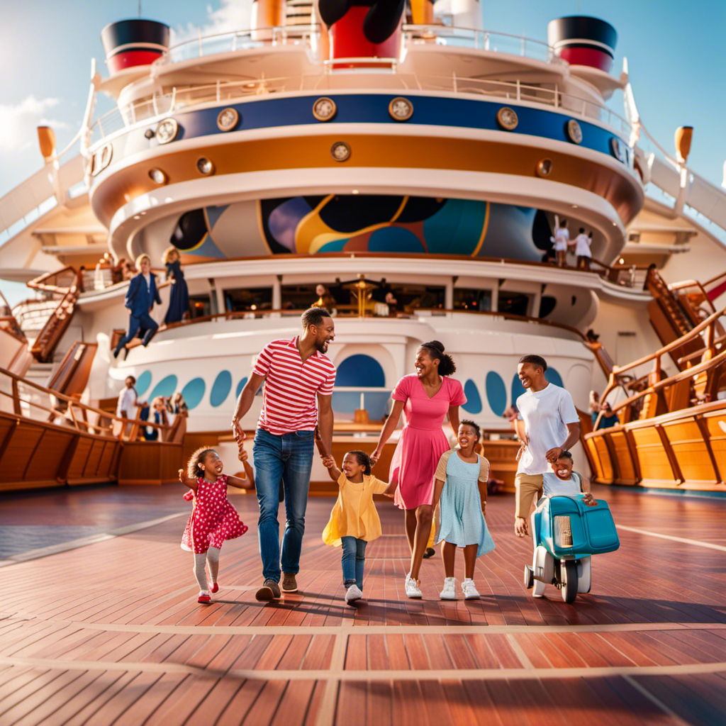 An image showcasing a family of four excitedly boarding a majestic Disney cruise ship, surrounded by vibrant colors and iconic Disney characters, capturing the anticipation and magic of setting sail on a dream vacation