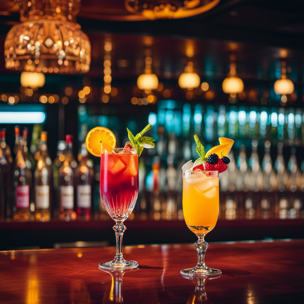 An image showcasing a vibrant cruise ship bar, adorned with an array of colorful cocktails and beverages, elegantly served in crystal-clear glasses, enticing readers to explore the cost of drinks on a cruise