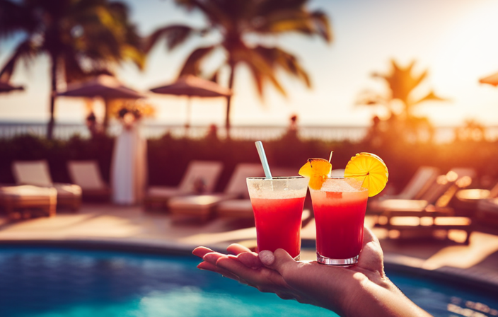 An image showcasing a vibrant poolside scene on a Norwegian cruise ship, with cheerful guests sipping on colorful and refreshing tropical drinks adorned with fancy umbrellas, surrounded by palm trees and ocean views