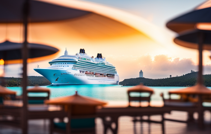 An image that showcases a striking cruise ship docked at a vibrant Caribbean port, surrounded by crystal-clear turquoise waters and colorful parasols on the beach, reflecting the allure and excitement of Norwegian Cruise Line's port fees