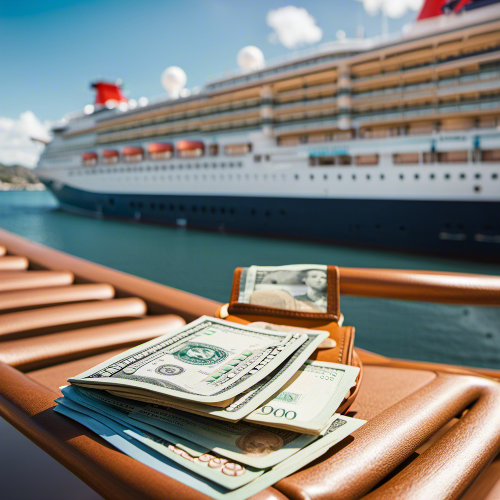 An image featuring a vibrant cruise ship docked at a picturesque port, with a wallet overflowing with different currencies on a sun-soaked deck chair, illustrating the question of how much cash to bring on a cruise