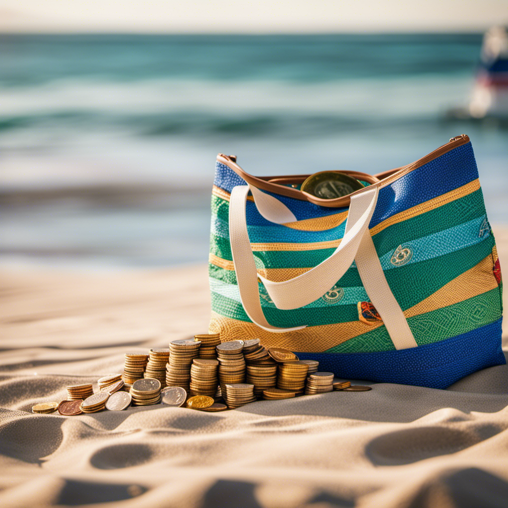 An image showcasing a colorful beach bag partially unzipped, revealing a stack of crisp dollar bills and a variety of loose coins