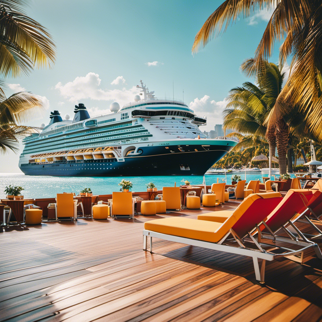 An image showcasing a vibrant cruise ship deck, adorned with colorful lounge chairs, a sparkling pool, and a tropical cocktail bar