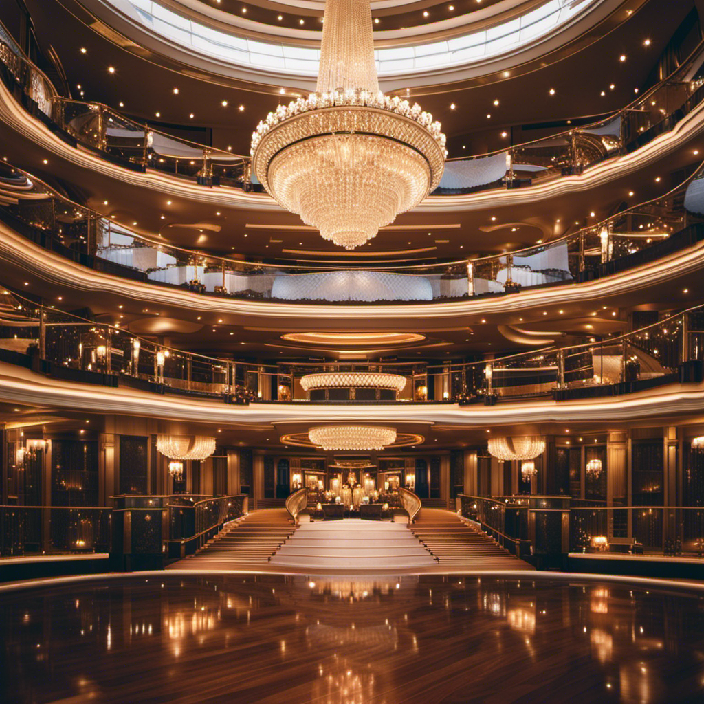 An image capturing the opulence of a luxurious cruise ship, featuring a grand atrium adorned with sparkling chandeliers, elaborate staircases, and a panoramic view of the ocean through floor-to-ceiling windows