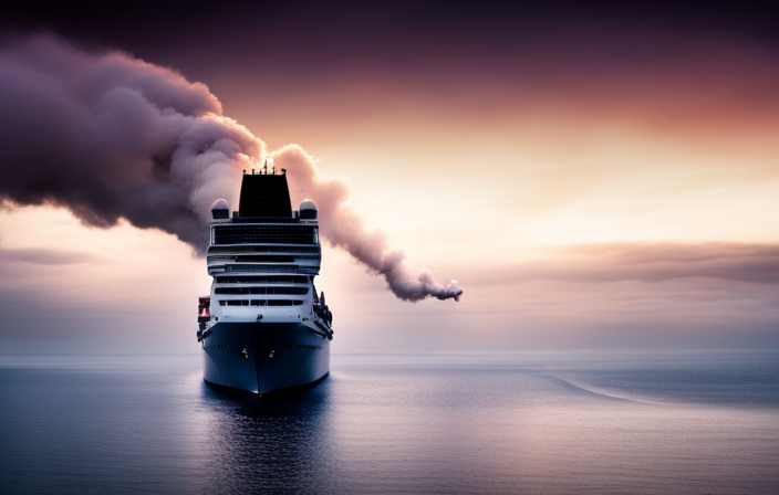 An image showcasing a colossal cruise ship sailing on the open sea, emitting plumes of thick, dark smoke from its towering funnels, symbolizing the immense amount of diesel fuel consumed during its voyage