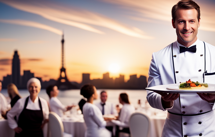 An image showcasing a smiling cruise ship waiter in their crisp white uniform, expertly balancing a tray full of delectable dishes against the backdrop of a luxurious dining room filled with satisfied guests