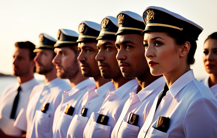 An image showcasing a diverse group of cruise ship workers in their uniforms, standing on the ship's deck, holding their paychecks