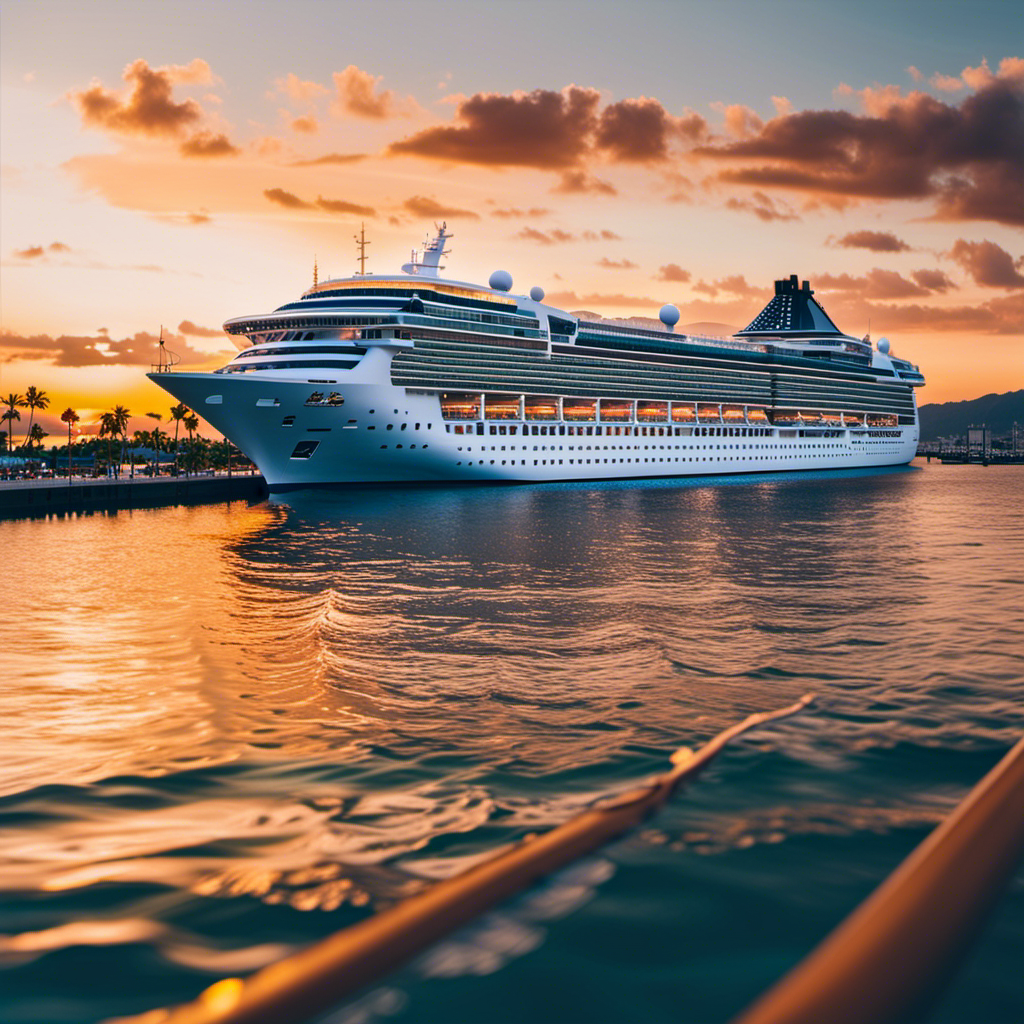 An image depicting a luxurious cruise ship against a picturesque sunset backdrop, showcasing its grandeur through towering decks adorned with sparkling pools, elegant lounges, and expansive windows offering breathtaking ocean views