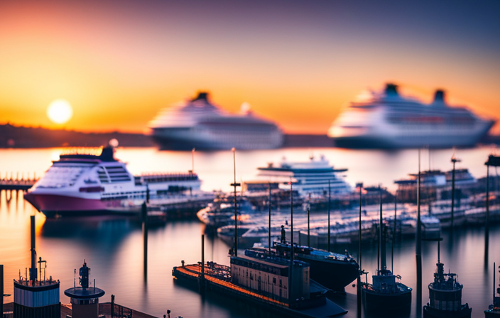 An image that showcases a bustling port at sunset, with towering cruise ships elegantly docked along the quay