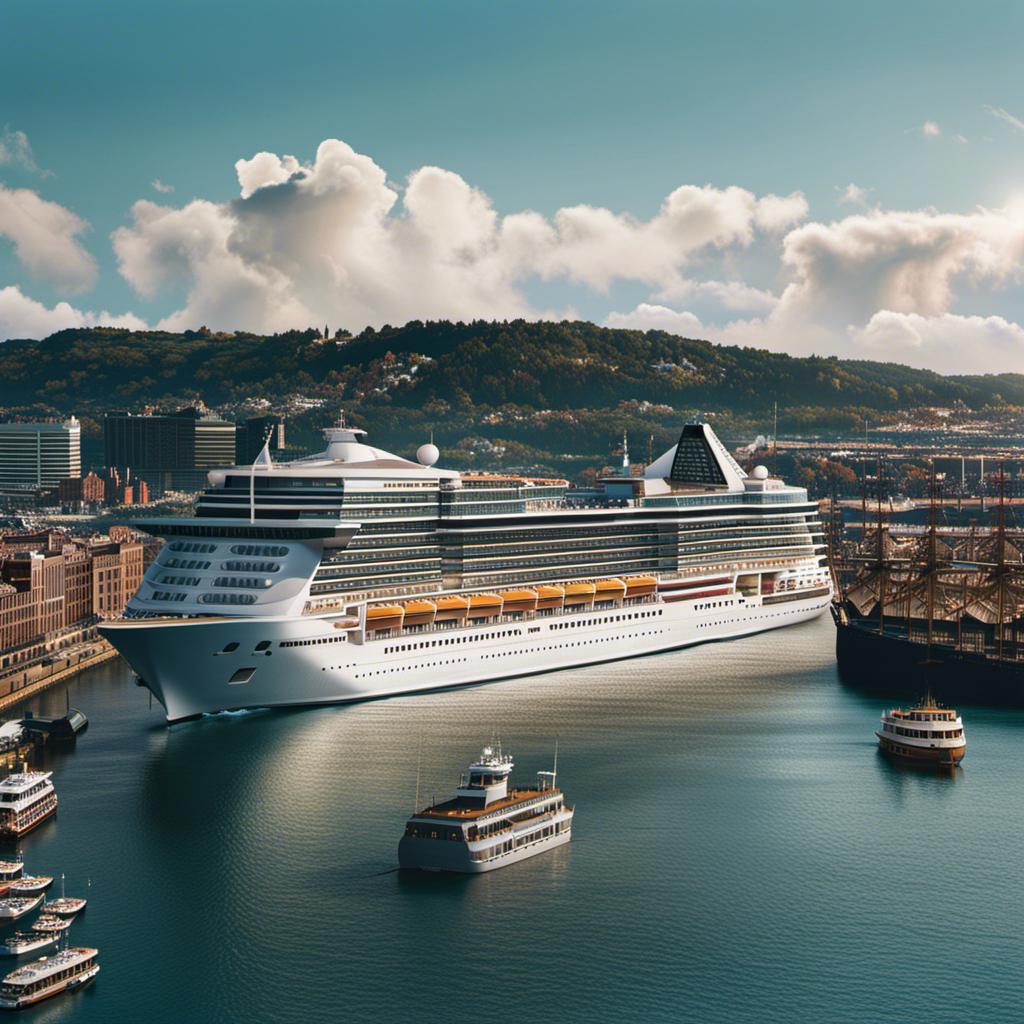 An image showcasing an imposing cruise ship towering over a busy harbor, surrounded by smaller boats