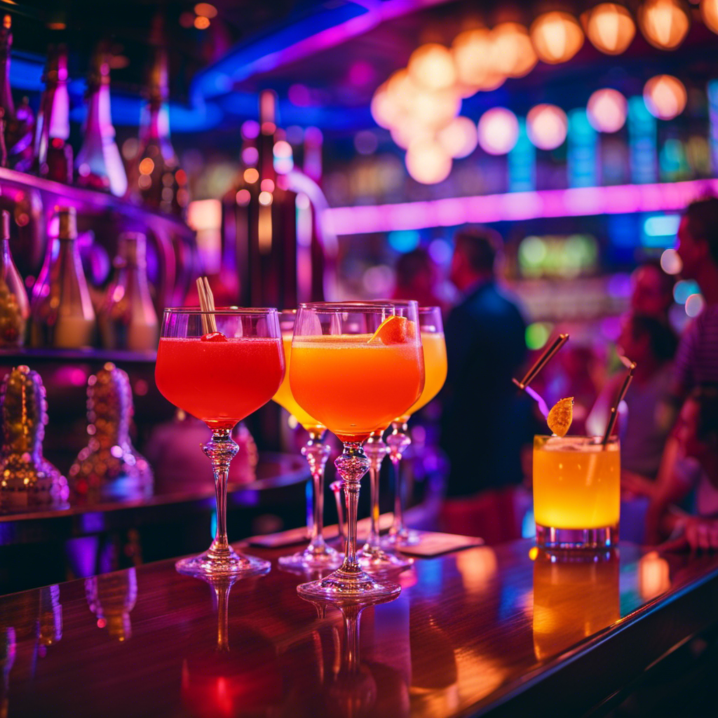 An image showcasing a vibrant bar on a Carnival Cruise ship, adorned with colorful tropical cocktails served in tall crystal glasses, surrounded by happy passengers enjoying their drinks under the sparkling lights