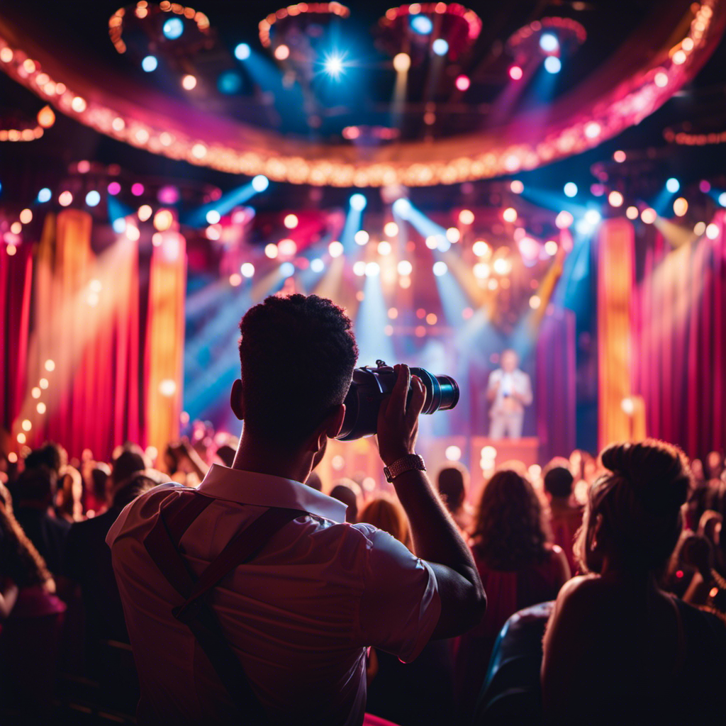 An image depicting a glamorous cruise ship stage, adorned with vibrant colors and dazzling lights