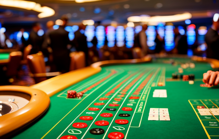 An image showcasing a vibrant casino with rows of slot machines and poker tables, surrounded by enthusiastic gamblers