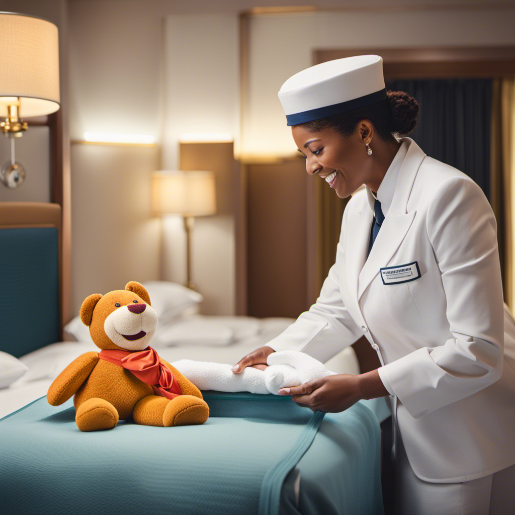 An image featuring a smiling cruise room attendant, standing beside a neatly made bed adorned with fresh towels and a folded towel animal