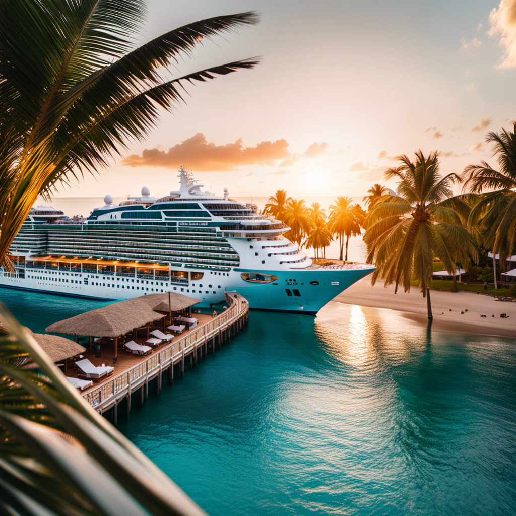 An image showcasing a luxurious cruise ship sailing through crystal-clear turquoise waters, adorned with vibrant sun loungers, palm trees, and a glittering sunset, enticing readers to explore the cost of a 3-day cruise