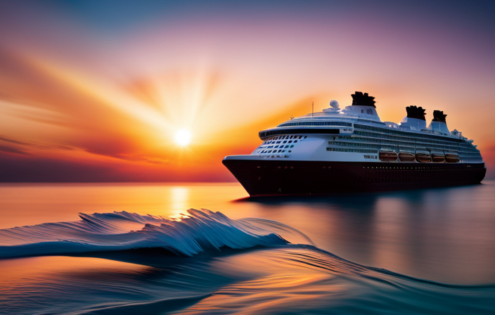 An image showcasing a serene Disney cruise ship sailing through crystal-clear turquoise waters, while vibrant sunsets paint the sky