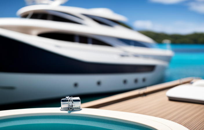An image capturing a luxurious yacht adorned with gleaming white exteriors, surrounded by crystal-clear turquoise waters