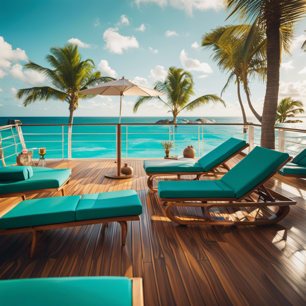 An image showcasing a sun-kissed deck, adorned with luxurious loungers and vibrant umbrellas, surrounded by crystal-clear turquoise waters