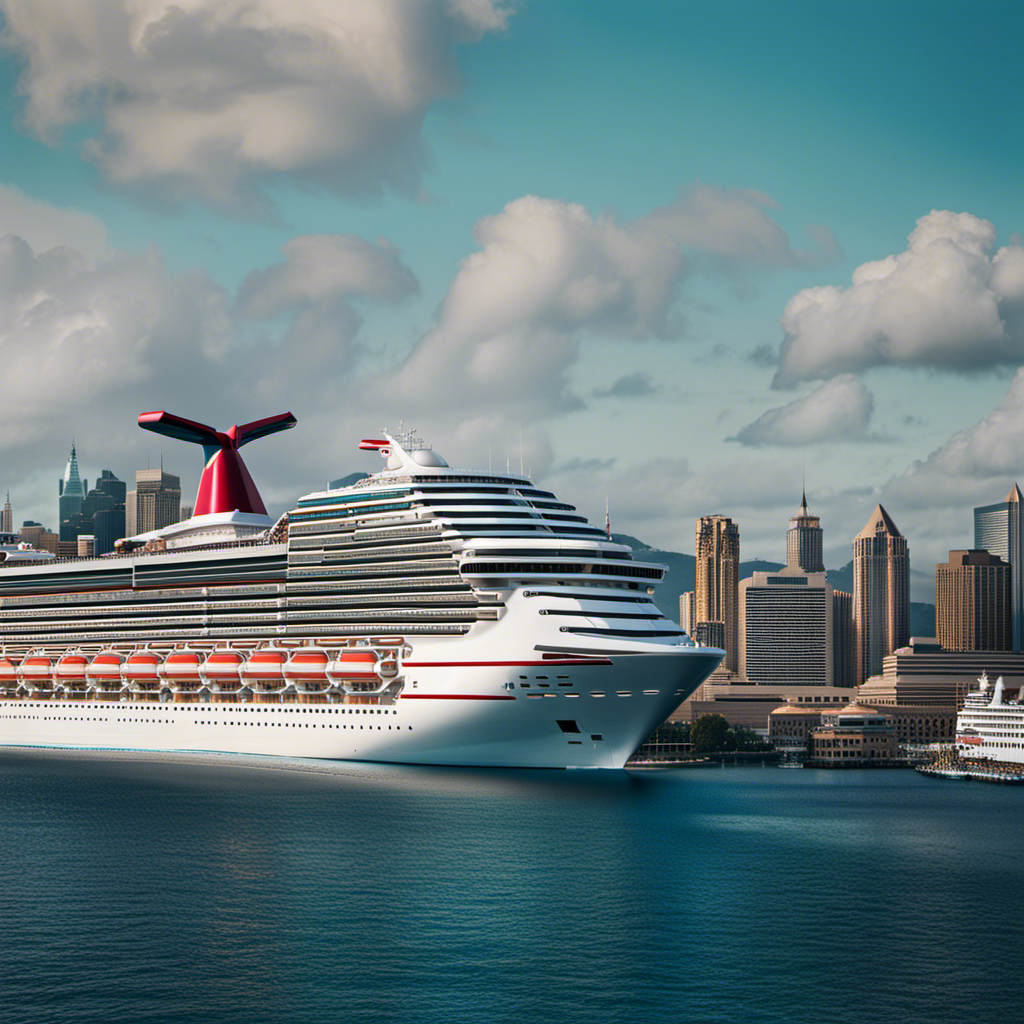 An image showcasing a colossal Carnival Cruise ship towering over a bustling harbor, surrounded by smaller boats