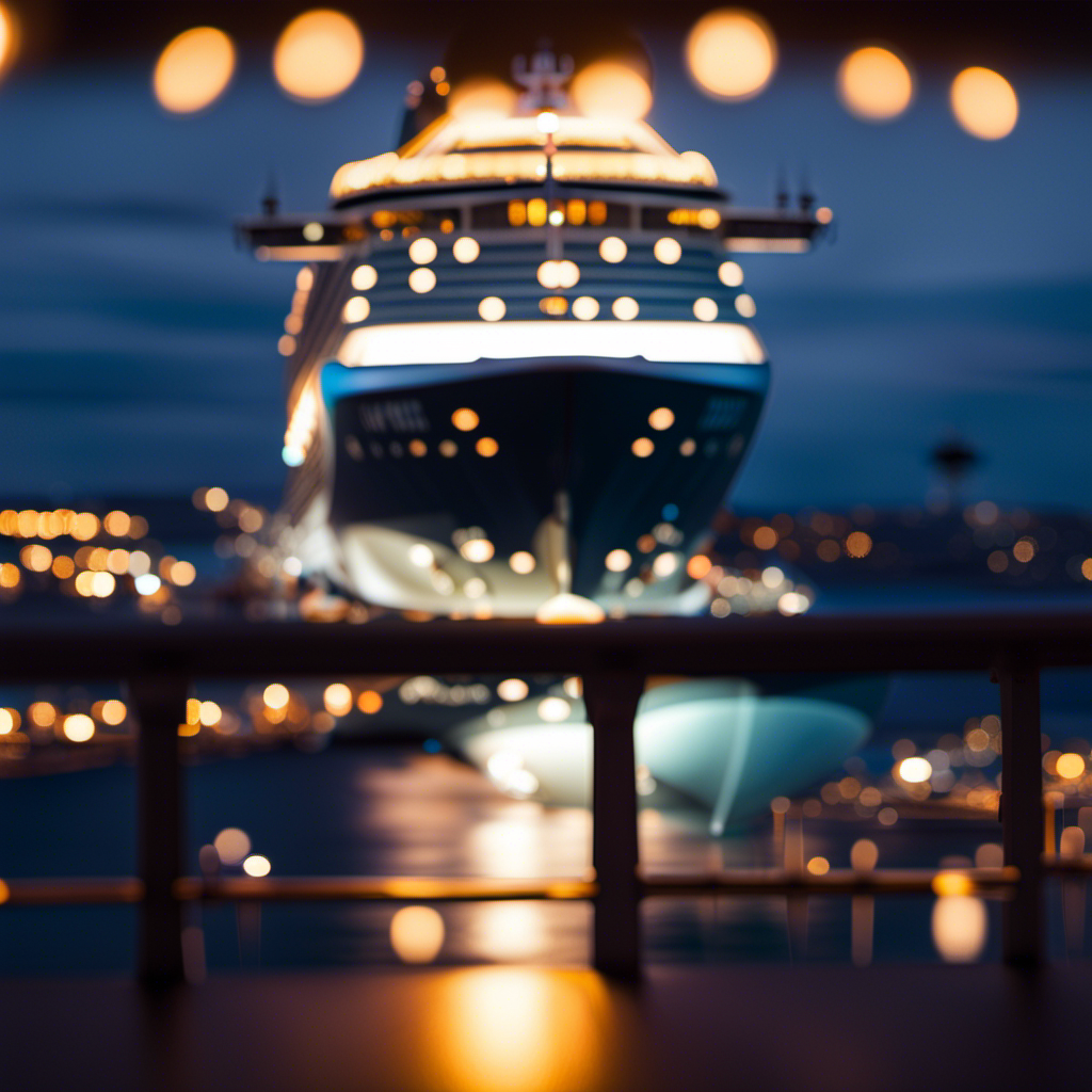 An image depicting a serene ocean backdrop, where a luxurious cruise ship sails majestically with vibrant deck lights illuminating the night