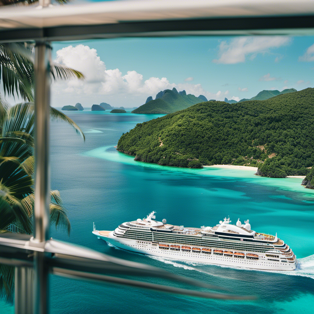 An image showcasing a luxurious cruise ship sailing through crystal-clear turquoise waters, surrounded by vibrant tropical islands, while featuring a diverse range of onboard activities like sunbathing on deck, fine dining, and thrilling water slides