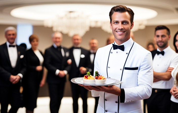 An image featuring a cruise ship waiter in their crisp white uniform, holding a silver tray adorned with elegant dishes