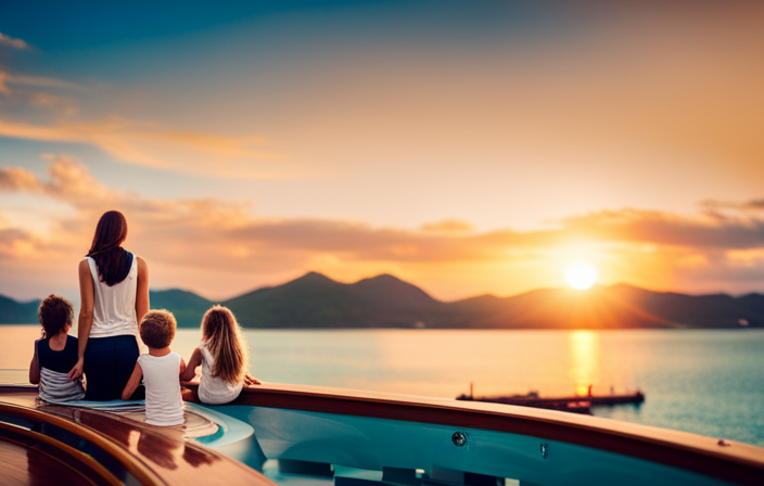 An image showcasing a family happily sailing on a magnificent Disney cruise ship, surrounded by vibrant turquoise waters, adorned with character-themed decorations, and relishing in the enchanting atmosphere while basking in the golden sunset glow
