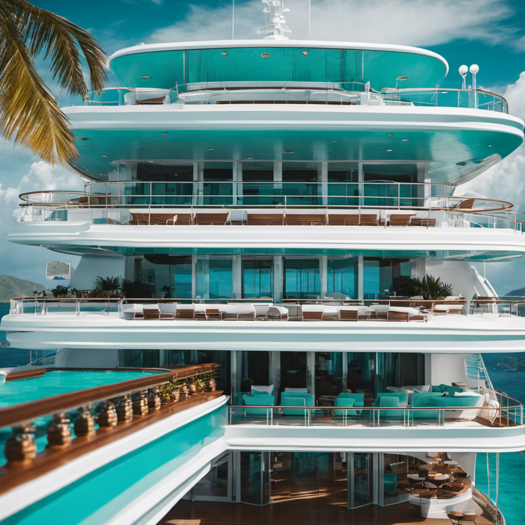 An image of an opulent cruise ship sailing through crystal-clear turquoise waters, adorned with elegant balconies, gleaming white exteriors, and a dazzling array of sunbathing decks, reflecting the high cost of a luxurious voyage