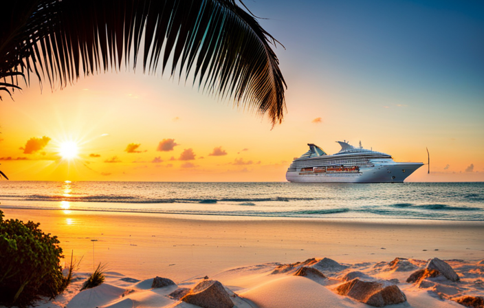 An image showcasing a tropical paradise with a luxurious cruise ship docked at a pristine white sandy beach