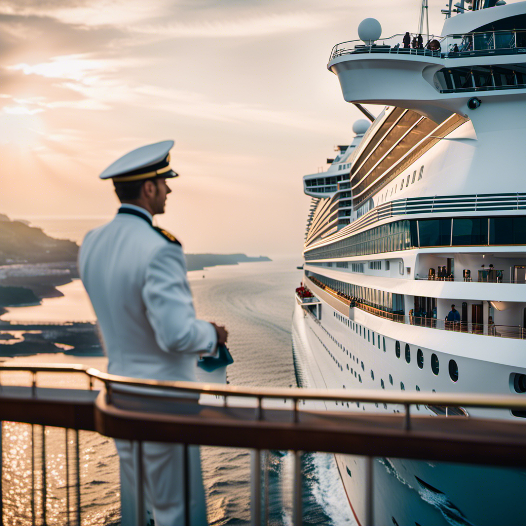 An image depicting a majestic mega cruise ship sailing on a vast ocean, with a dashing captain standing confidently on the bridge, surrounded by opulent amenities, symbolizing the allure and opulence of a cruise ship captain's salary