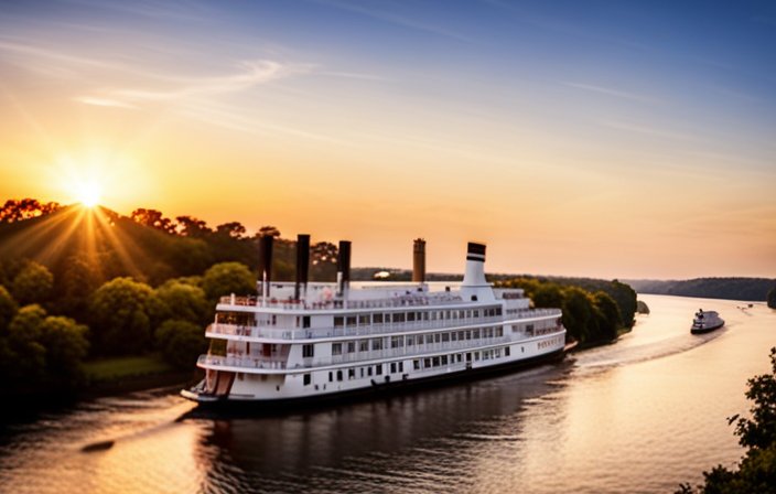 An image showcasing a serene riverboat gliding along the majestic Mississippi River at sunset, adorned with elegant decor and surrounded by lush greenery, highlighting the allure and luxury of a Mississippi River cruise