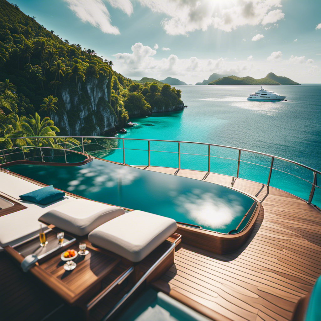 An image showing a luxurious private yacht sailing on turquoise waters, surrounded by lush tropical islands