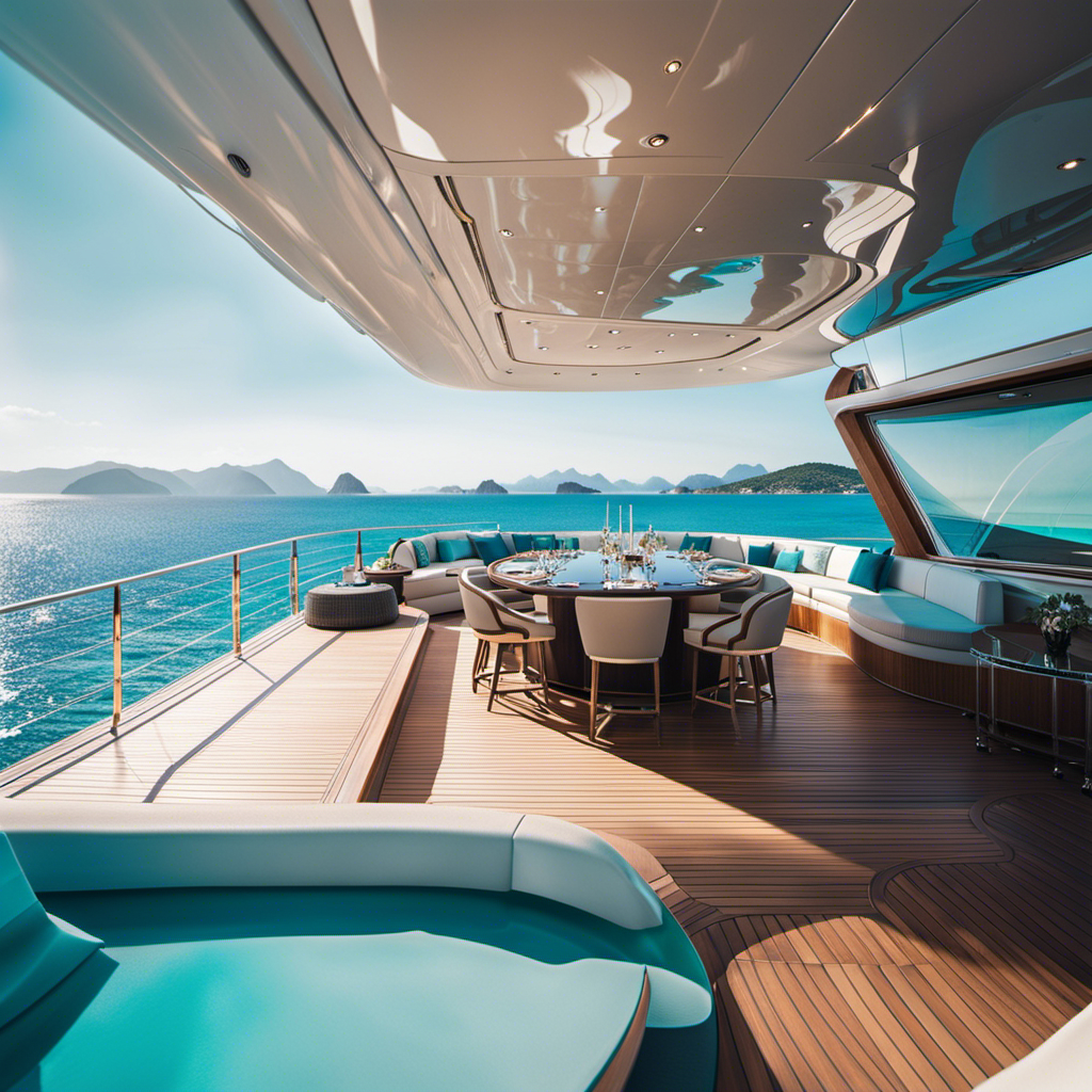 An image depicting a luxurious private yacht cruising through crystal-clear turquoise waters, surrounded by stunning coastal landscapes