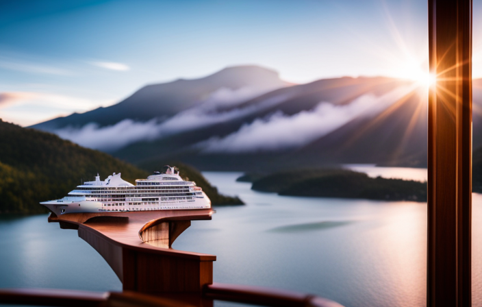 An image showcasing a luxurious river cruise ship gliding through scenic waterways, with elegant cabins, panoramic windows, a sundeck adorned with loungers, and pristine landscapes passing by, capturing the essence of indulgence and tranquility
