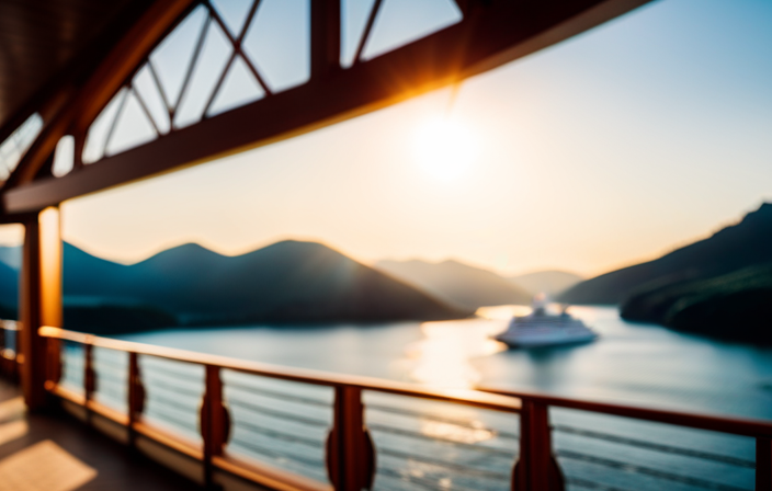 An image showcasing a luxurious river cruise ship gliding through scenic waterways, with elegant cabins, panoramic windows, a sundeck adorned with loungers, and pristine landscapes passing by, capturing the essence of indulgence and tranquility