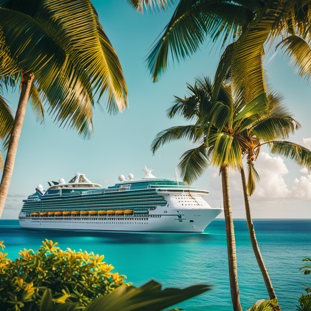 An image showcasing a luxurious Royal Caribbean cruise ship sailing through turquoise waters, surrounded by palm-fringed tropical islands