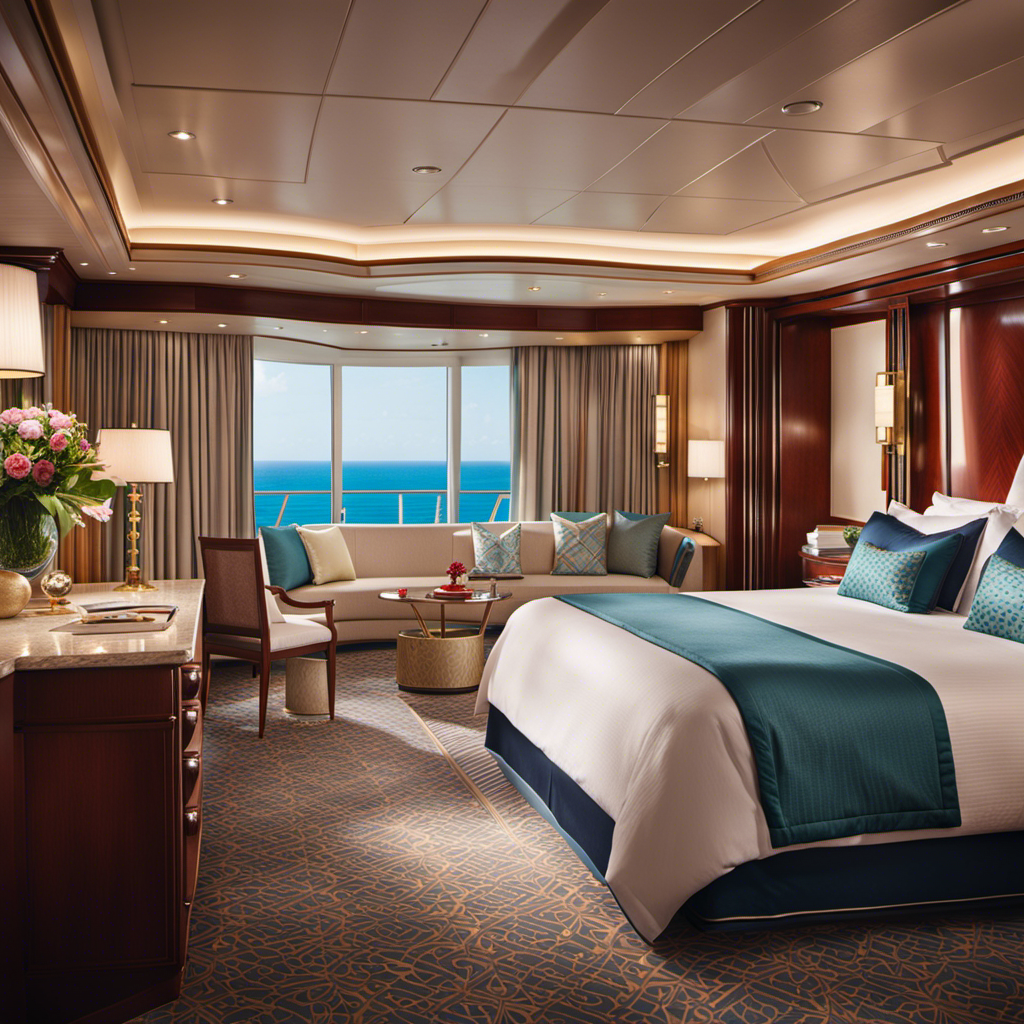 An image showcasing a luxurious suite on a Disney Cruise, adorned with elegant furnishings, a private balcony overlooking the ocean, and a spacious bedroom with plush bedding