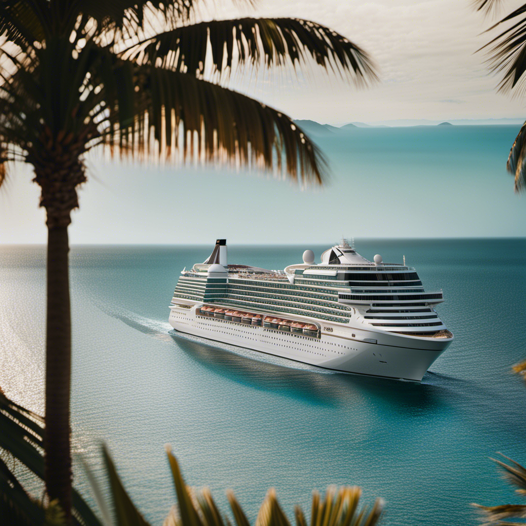 An image depicting a sparkling, towering cruise ship gracefully sailing on the glistening ocean, surrounded by palm-fringed beaches