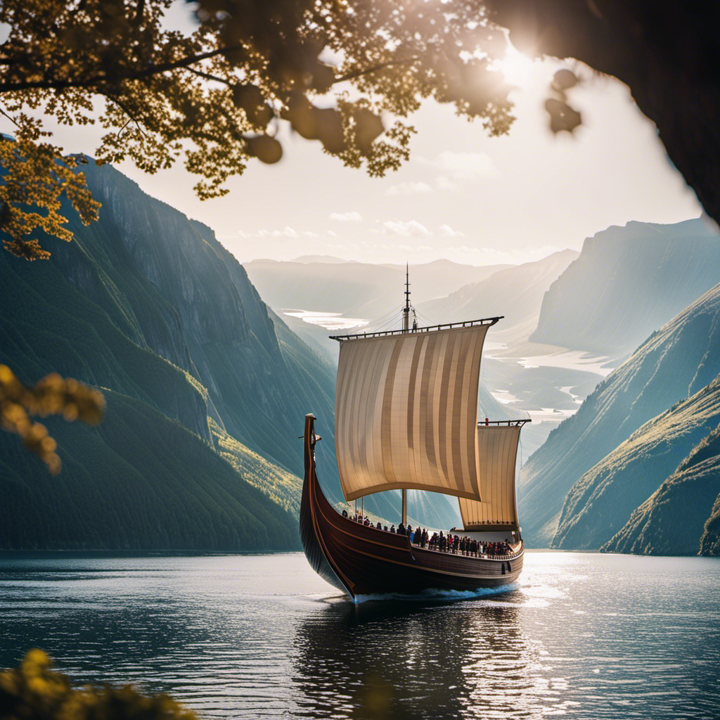 An image showcasing a luxurious Viking longship gliding through serene Scandinavian fjords, adorned with panoramic windows and a sun deck, evoking the essence of a Viking Cruise