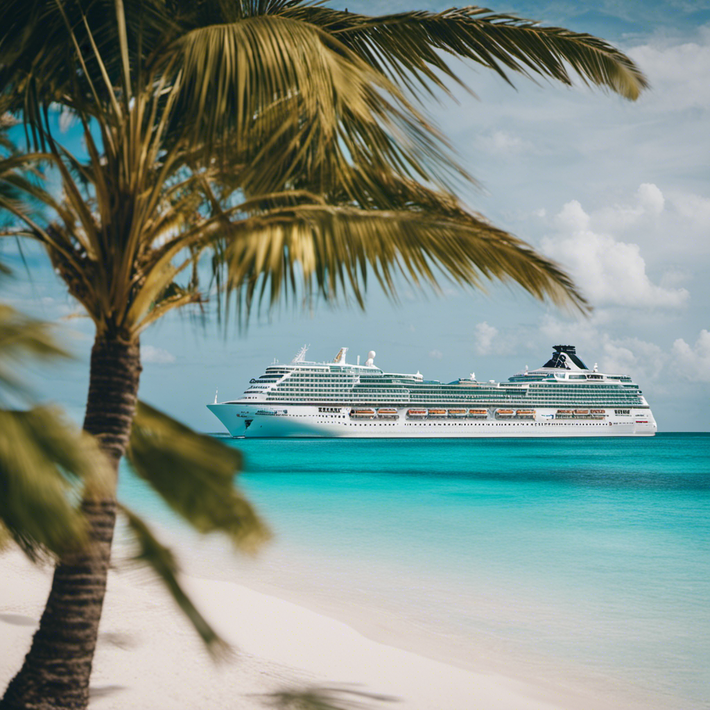 An image showcasing a luxurious Virgin Cruise ship gliding through crystal-clear turquoise waters, framed by palm-fringed white sandy beaches