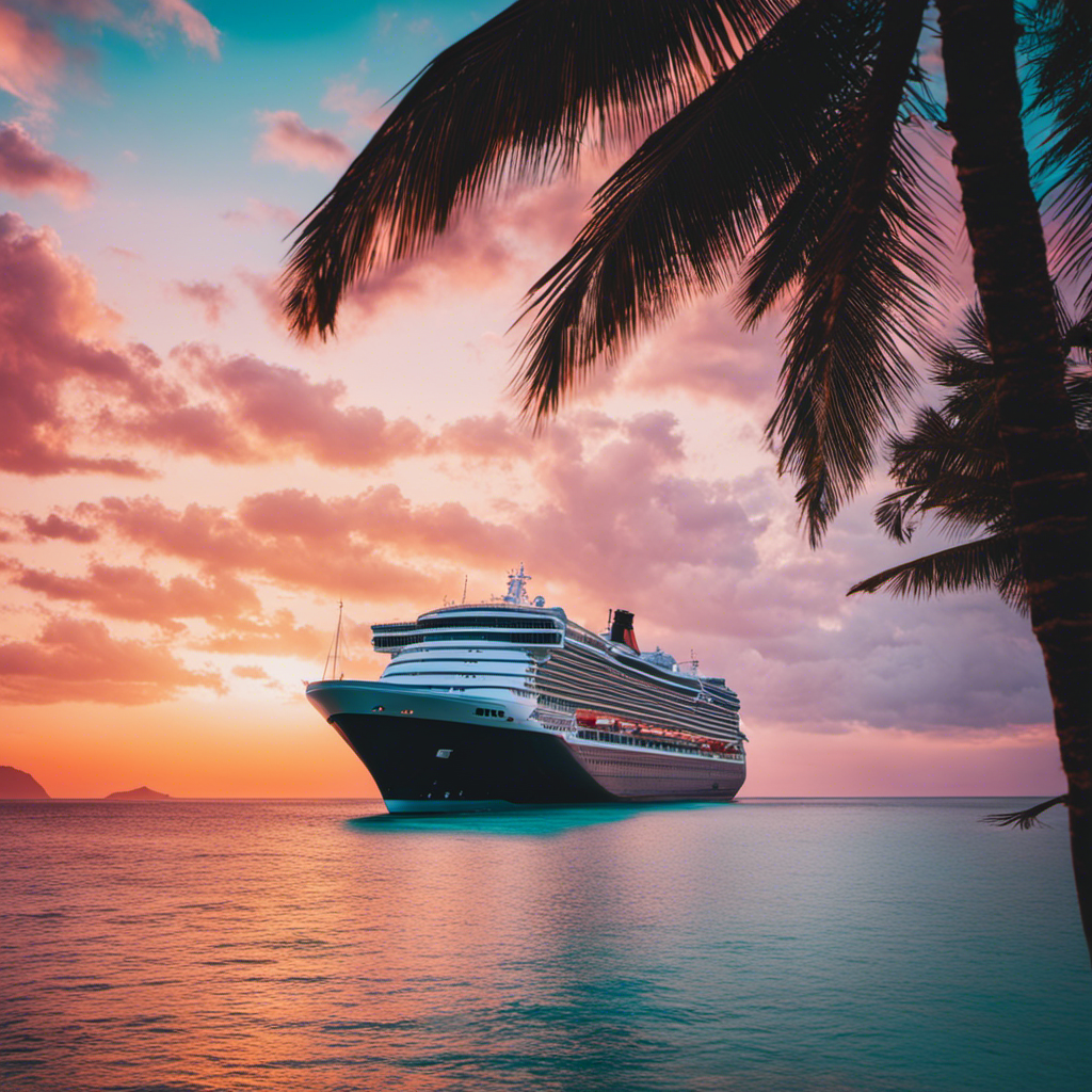 An image showcasing a luxurious ocean liner sailing through crystal-clear turquoise waters, surrounded by palm-fringed white sandy beaches, while a breathtaking sunset paints the sky with vibrant hues of orange, pink, and purple