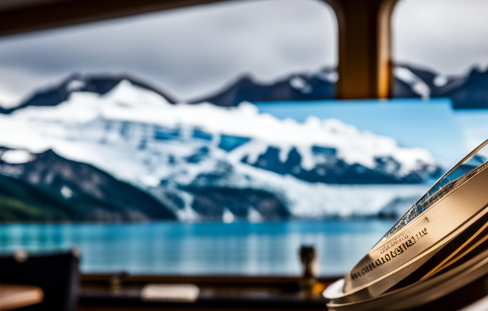 An image showcasing a serene Alaskan landscape with a majestic glacier in the backdrop, an elegant cruise ship sailing through icy waters, and a transparent overlay displaying the varying costs of an Alaskan cruise