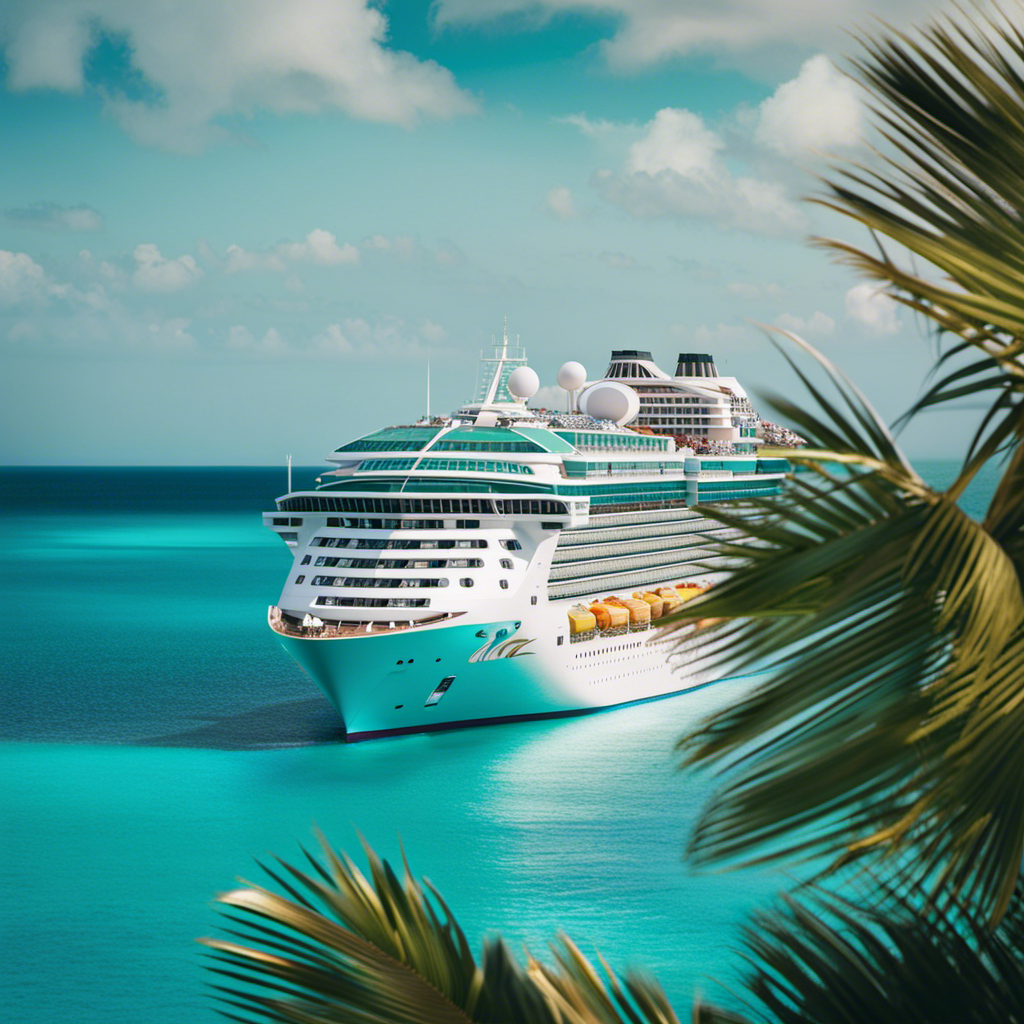 An image showcasing a vibrant cruise ship sailing across turquoise waters, adorned with elegant balconies and shimmering lights